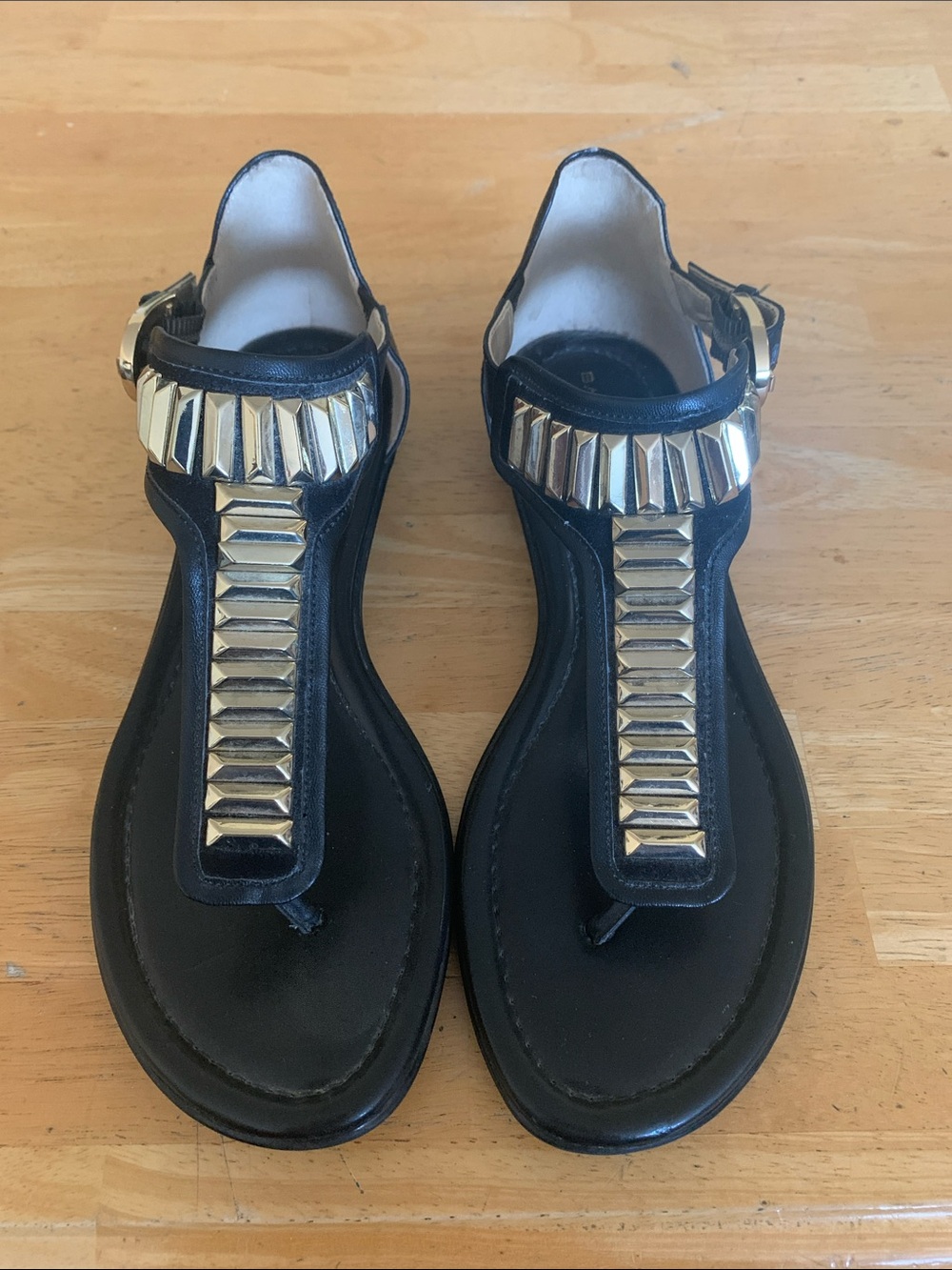 Bandolino Black Sandals with Gold Geometric Accents